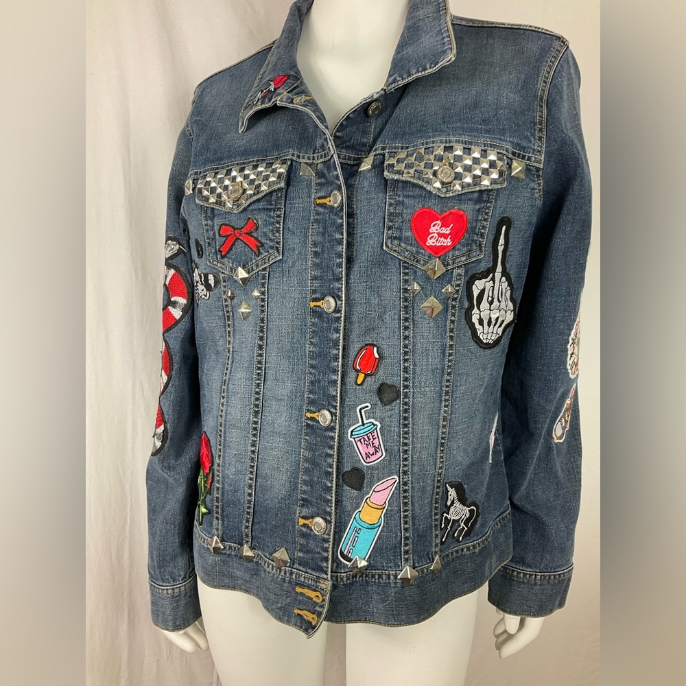 Embellished Patchwork Beaded Denim Jean Jacket Up… - image 3